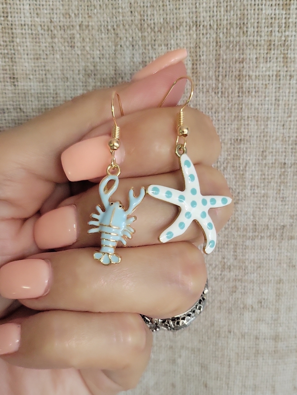 Starfish & Lobster Painted Enamel Earrings – Light Blue